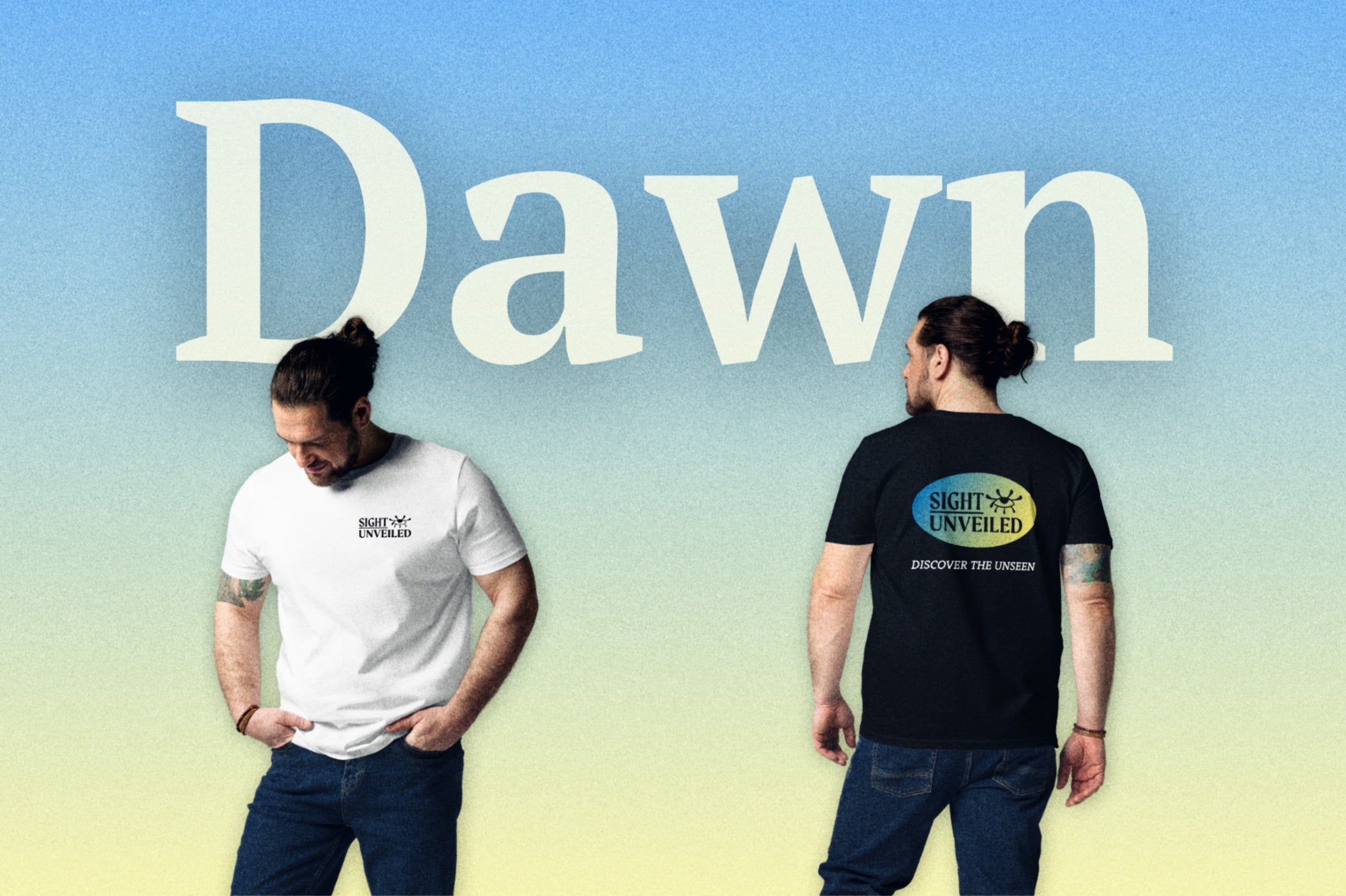 man showcasing the white and black t-shirts from the dawn clothing brand collection